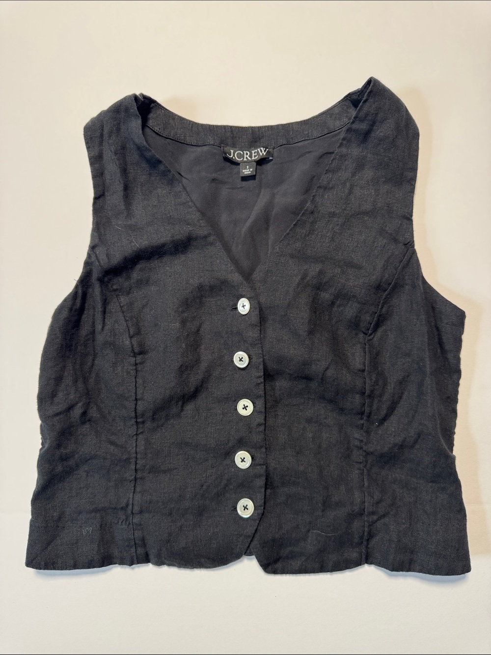 J. CREW Woman's Black Linen Button-Front Vest Pearl Buttons Minimal Preppy 2